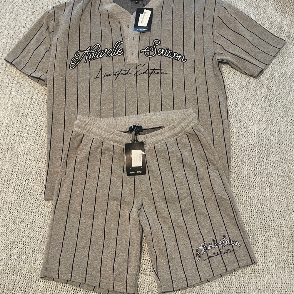 Knit shirt and shorts set with Pinstripes and Embroidered Detail-Small